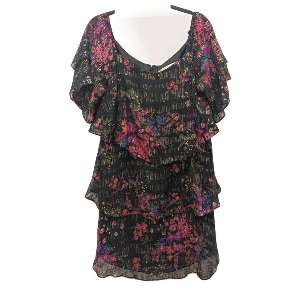 Trina Turk Silk Floral Dress Y2K Boho Ruffle Sheer Party Mini Large Quiet Luxury